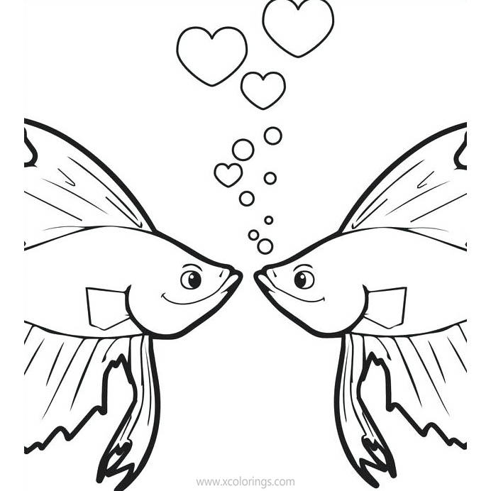 Free Valentines Day Coloring Pages Fish with Heart Bubbles printable