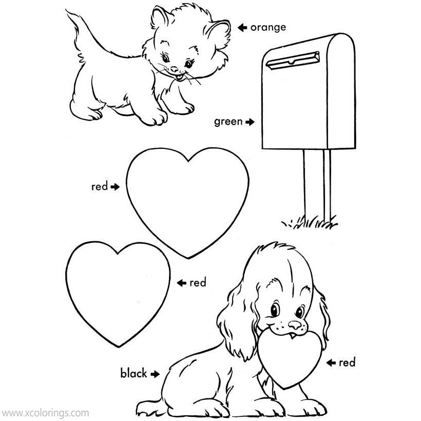 Free Valentines Day Coloring Pages Kitty and Puppy printable