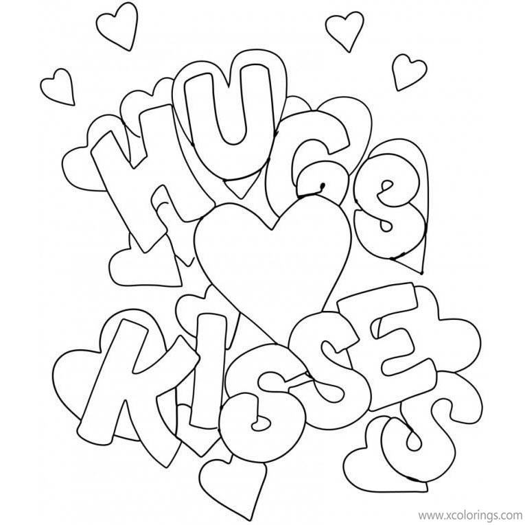 Free Valentines Day Heart Coloring Pages Hugs and Kisses printable