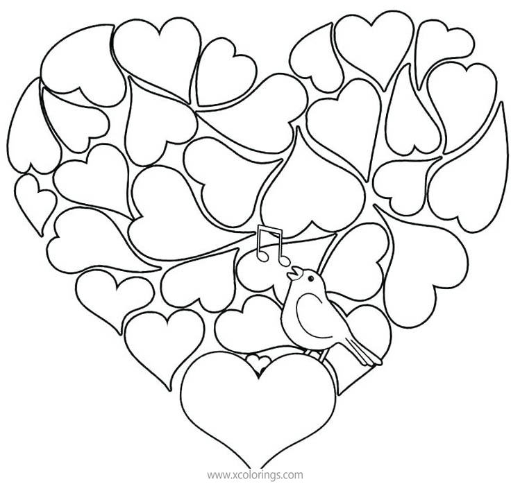 Free Valentines Day Heart Coloring Pages with Bird printable