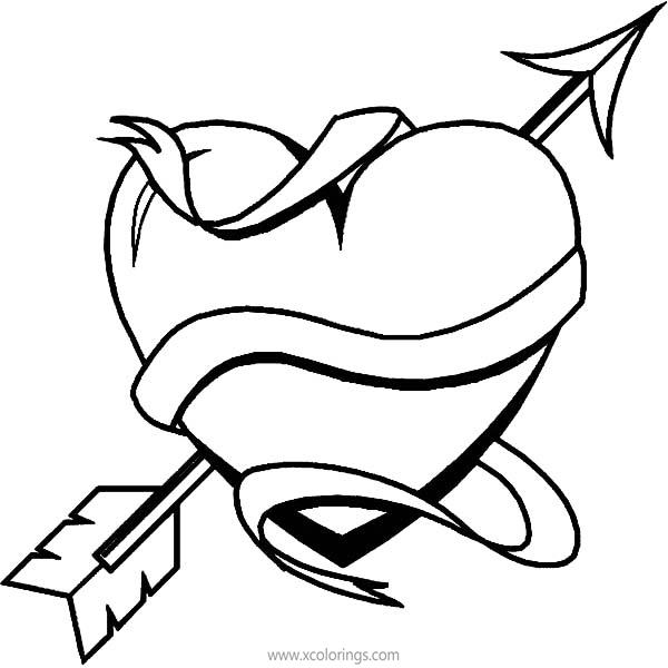 Free Valentines Day Heart Coloring Pages with Cupid Arrow printable