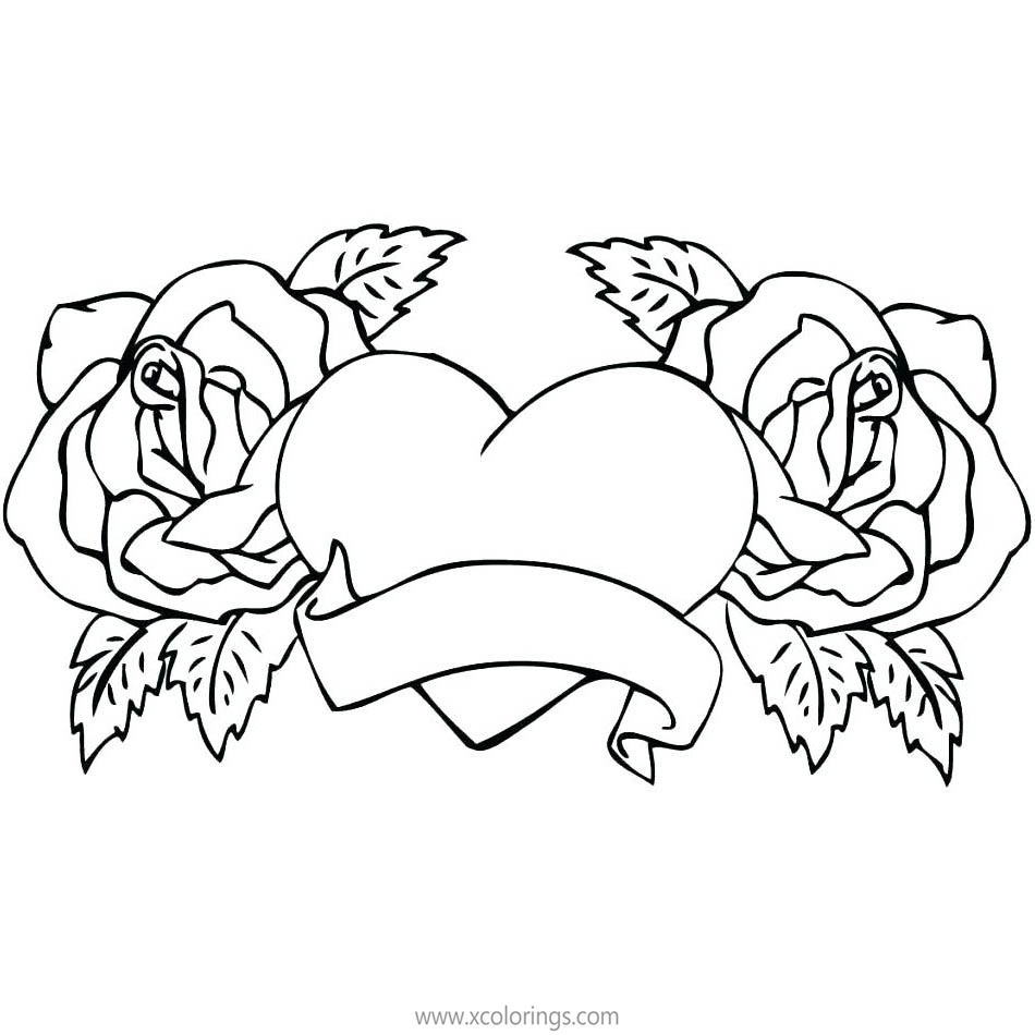 Free Valentines Day Heart Coloring Pages with Two Flowers printable