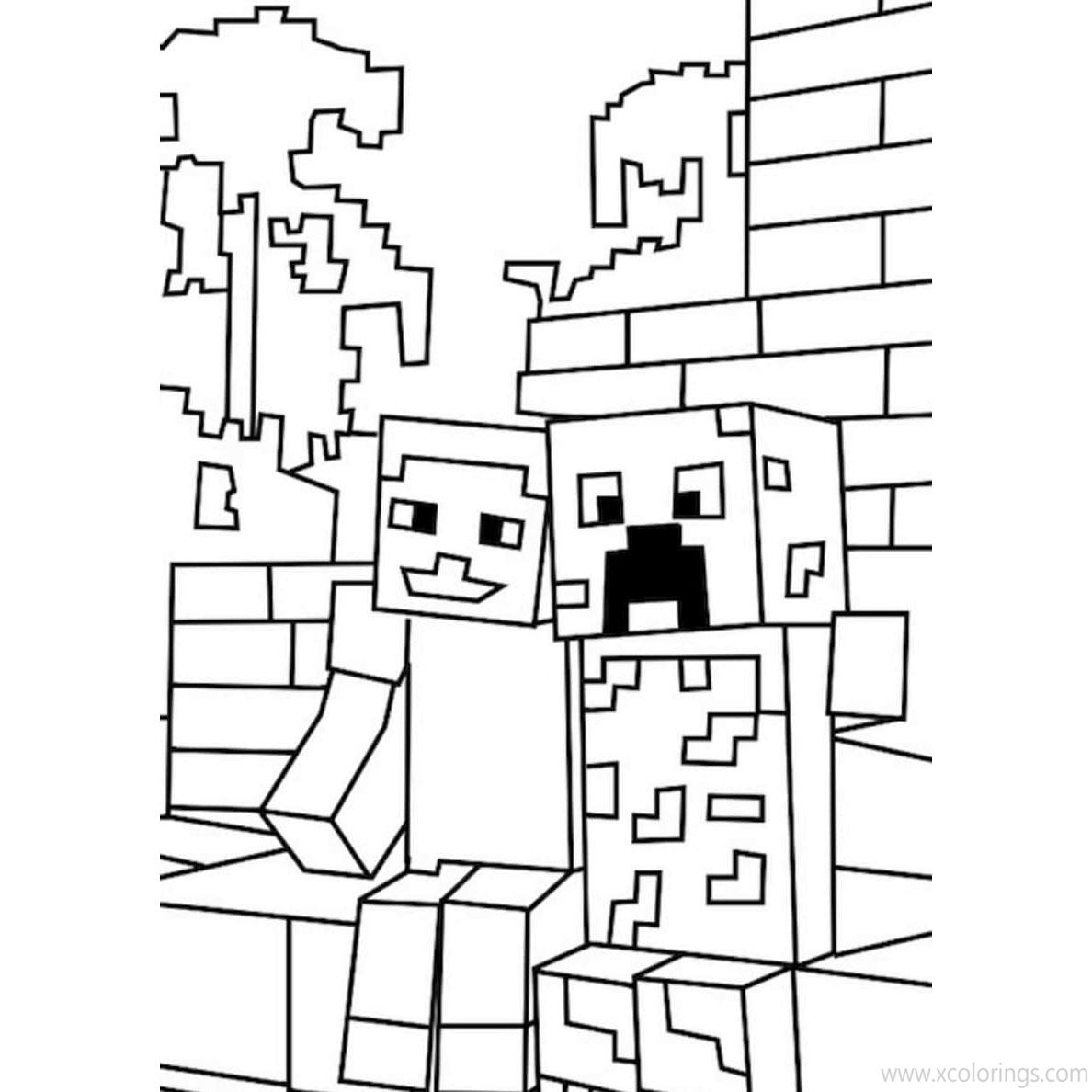Free Creeper and Steve Coloring Pages printable