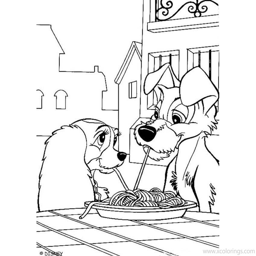 Free Lady and the Tramp Coloring Pages Dogs Having Food printable