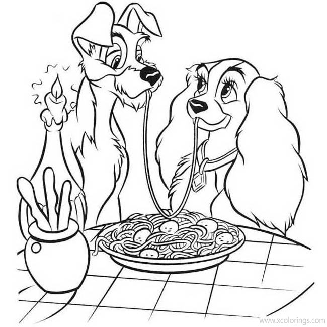 Free Lady and the Tramp Coloring Pages Dogs Having Noodles printable