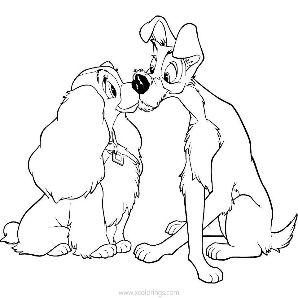 Free Lady and the Tramp Coloring Pages Dogs are Kissing printable