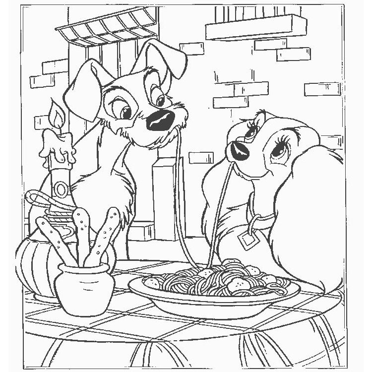 Free Lady and the Tramp Eating Noodles Coloring Pages printable