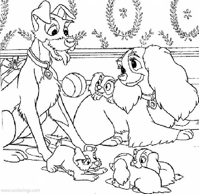 Free Lady and the Tramp with Puppies Coloring Pages printable