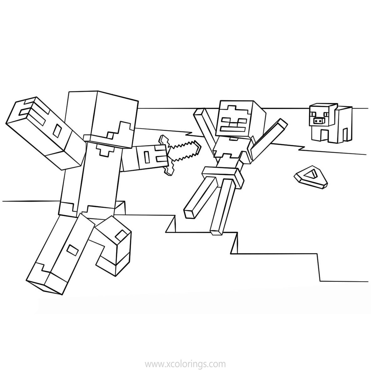 Free Minecraft Steve Coloring Pages Fighting Skeleton with Sword printable