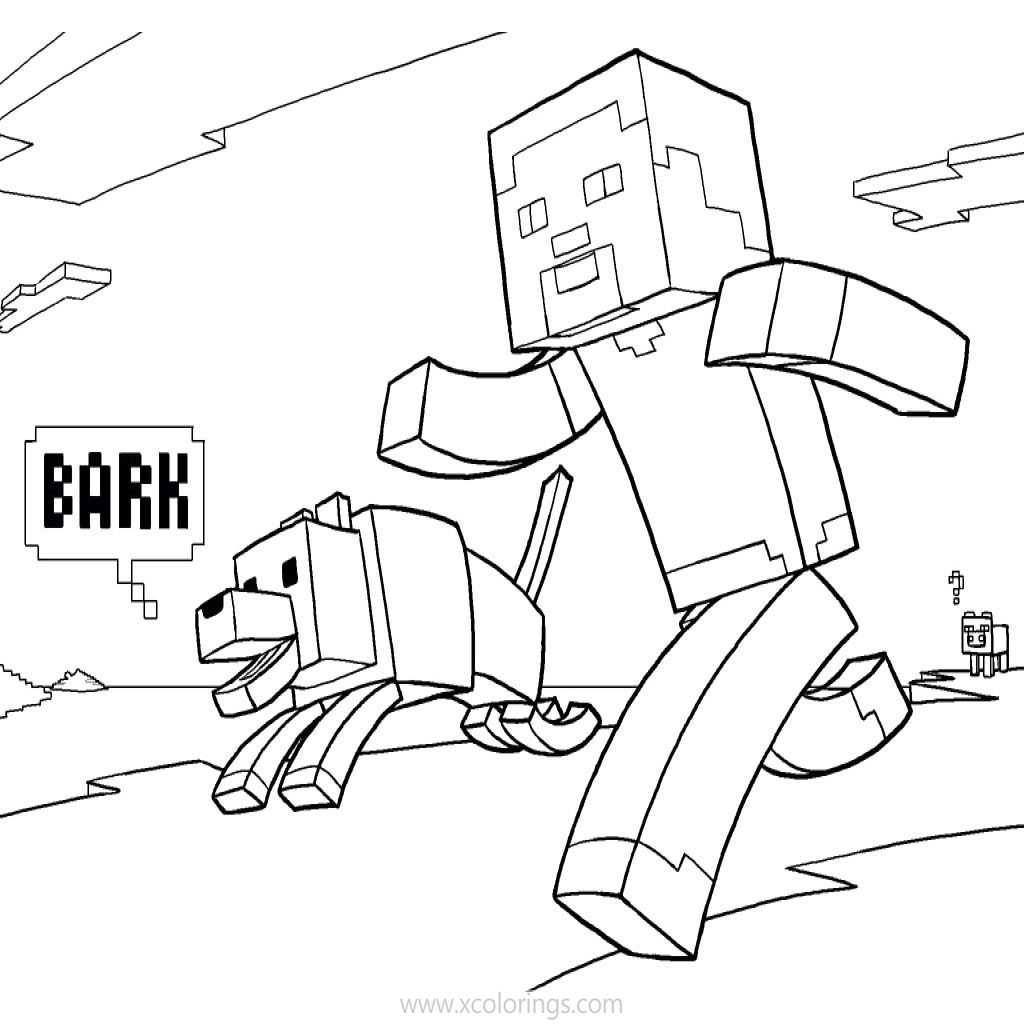 Free Minecraft Steve Coloring Pages Running with Minecraft Dog printable
