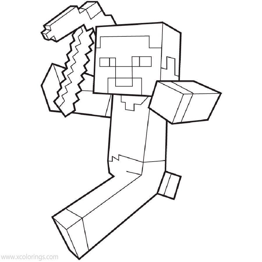 Minecraft Steve Coloring Pages Steve Running With Pickaxe