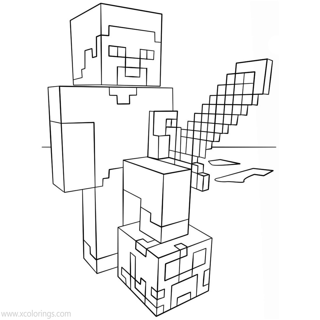 Free Minecraft Steve Coloring Pages With Diamond Sword printable