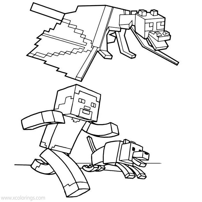 Free Minecraft Steve Coloring Pages with Ender Dragon and Wolf printable