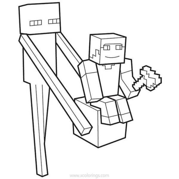 Minecraft Steve Coloring Pages with Ender Dragon and Wolf - XColorings.com