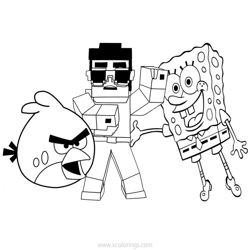 Free Minecraft Steve Coloring Pages with Spongebob and Angry Bird printable