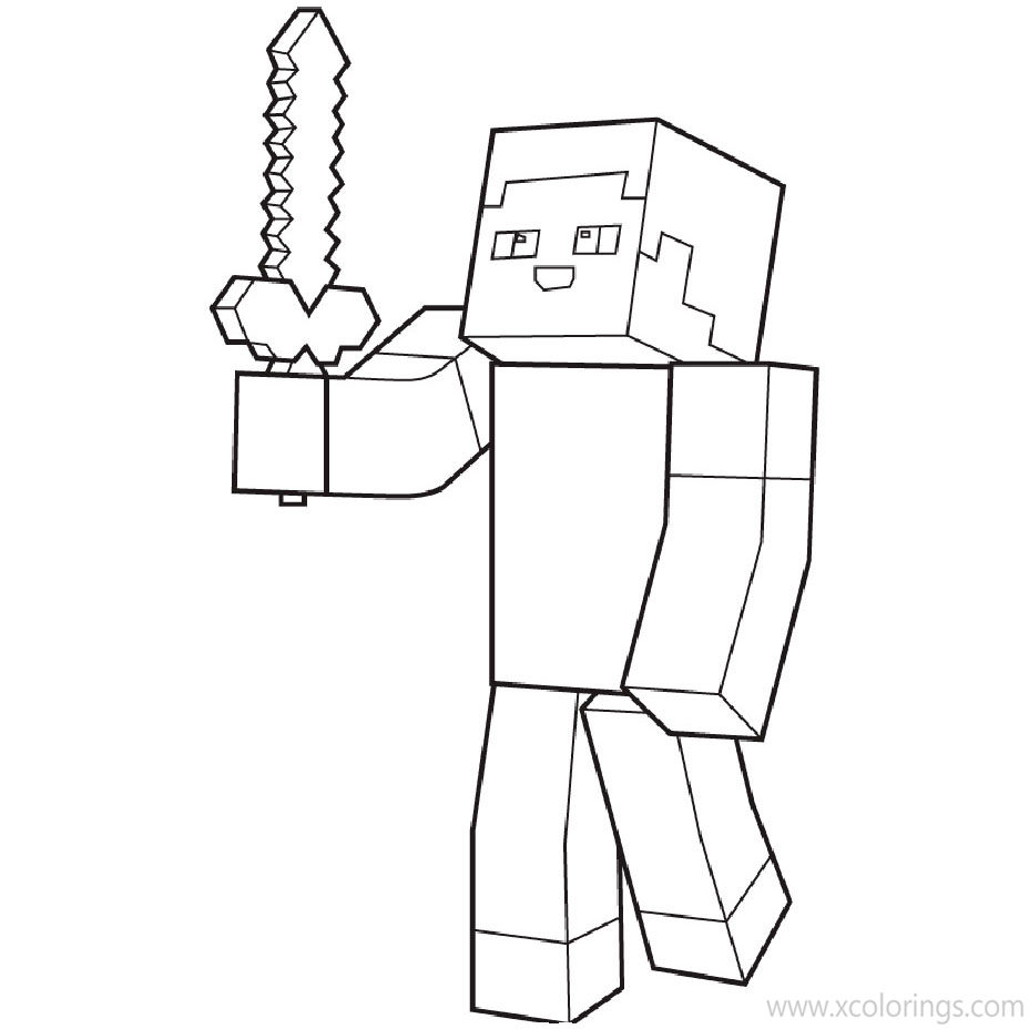 Free Minecraft Steve Got Diamond Sword Coloring Pages printable