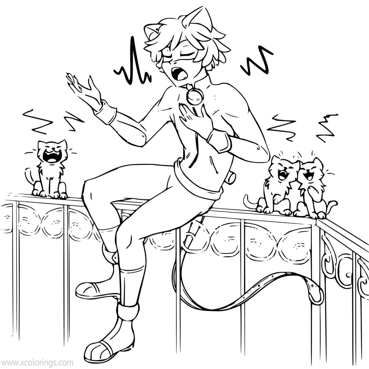 Free Miraculous Ladybug Coloring Pages Cat Noir is Singing printable
