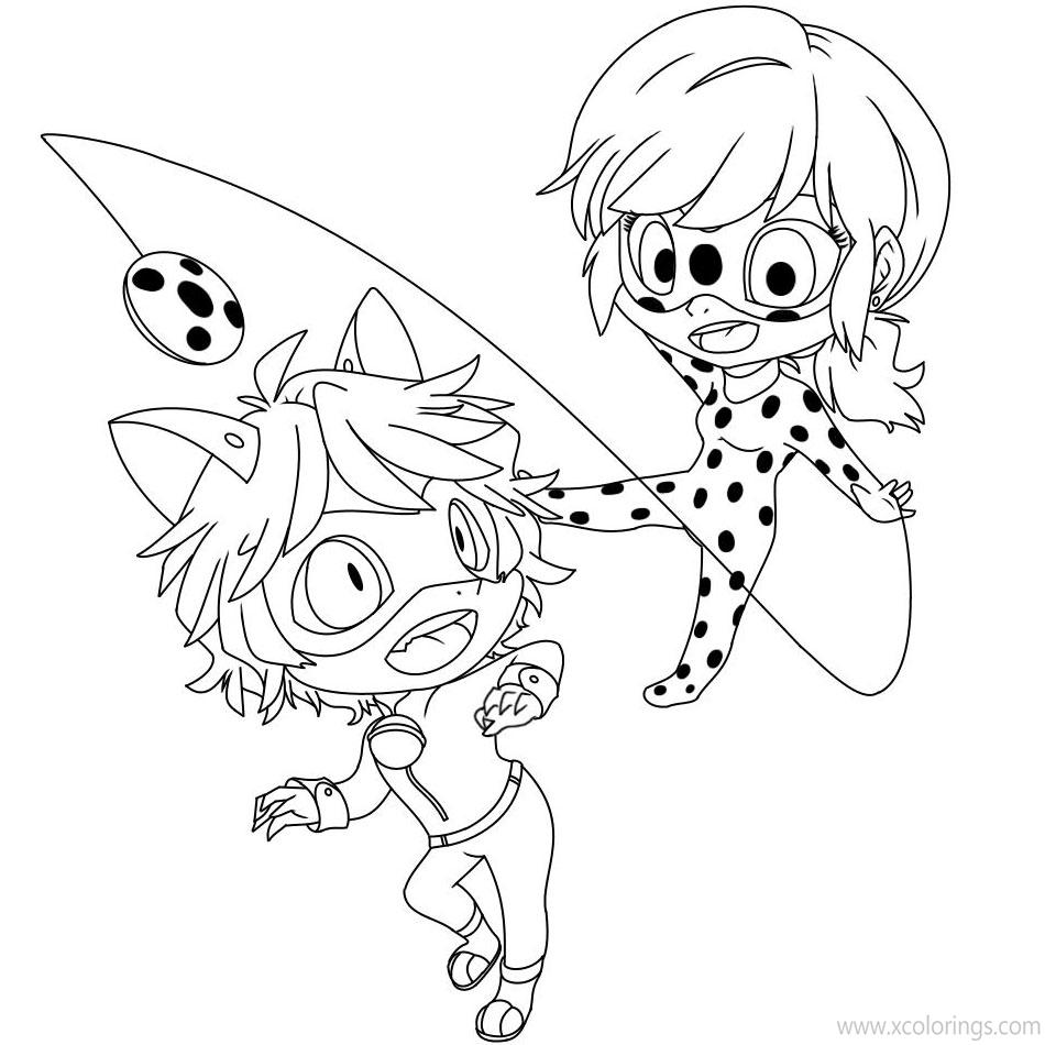 Free Miraculous Ladybug Coloring Pages Chibi Marinette and Adrien printable