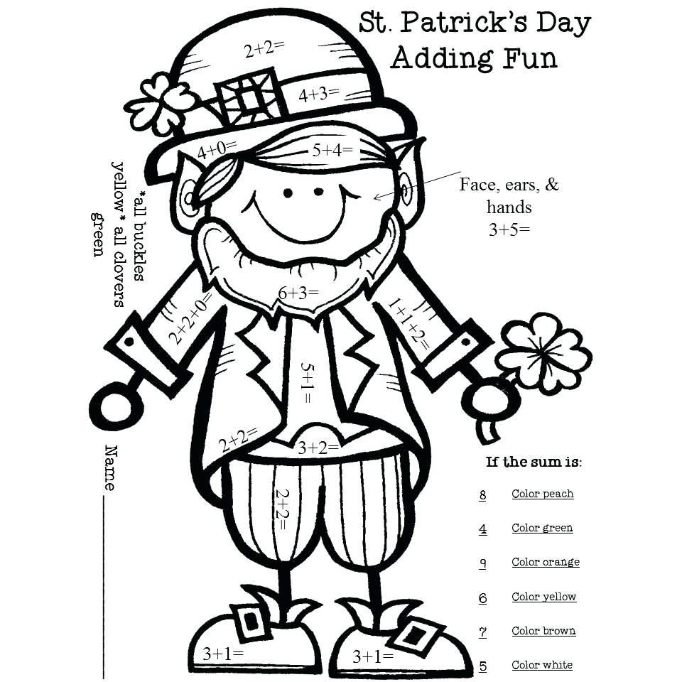 Free St Patricks Day Coloring Pages Math Adding Activity Color by Number printable