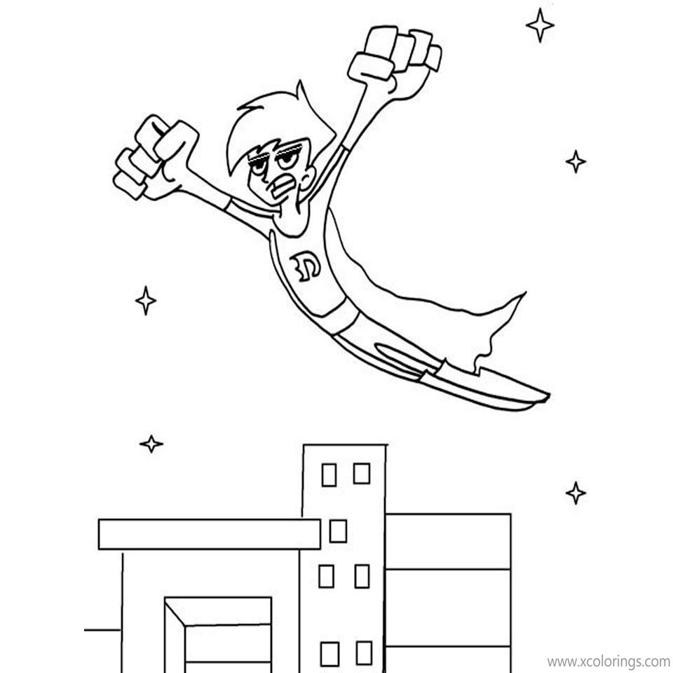 Free Danny Phantom Coloring Pages Superhero Flying Over the City printable