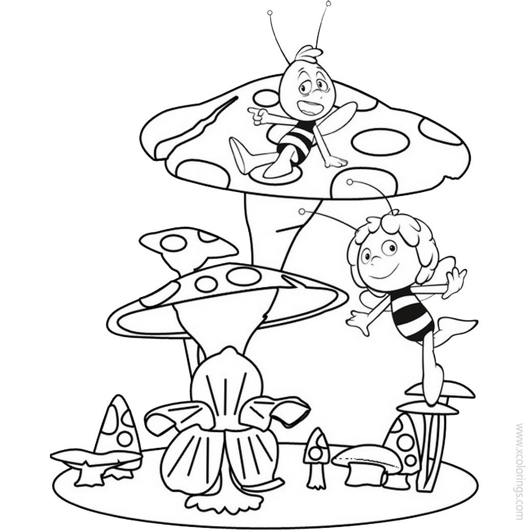 Free Maya the Bee Coloring Pages Willy and Maya with Mushrooms printable