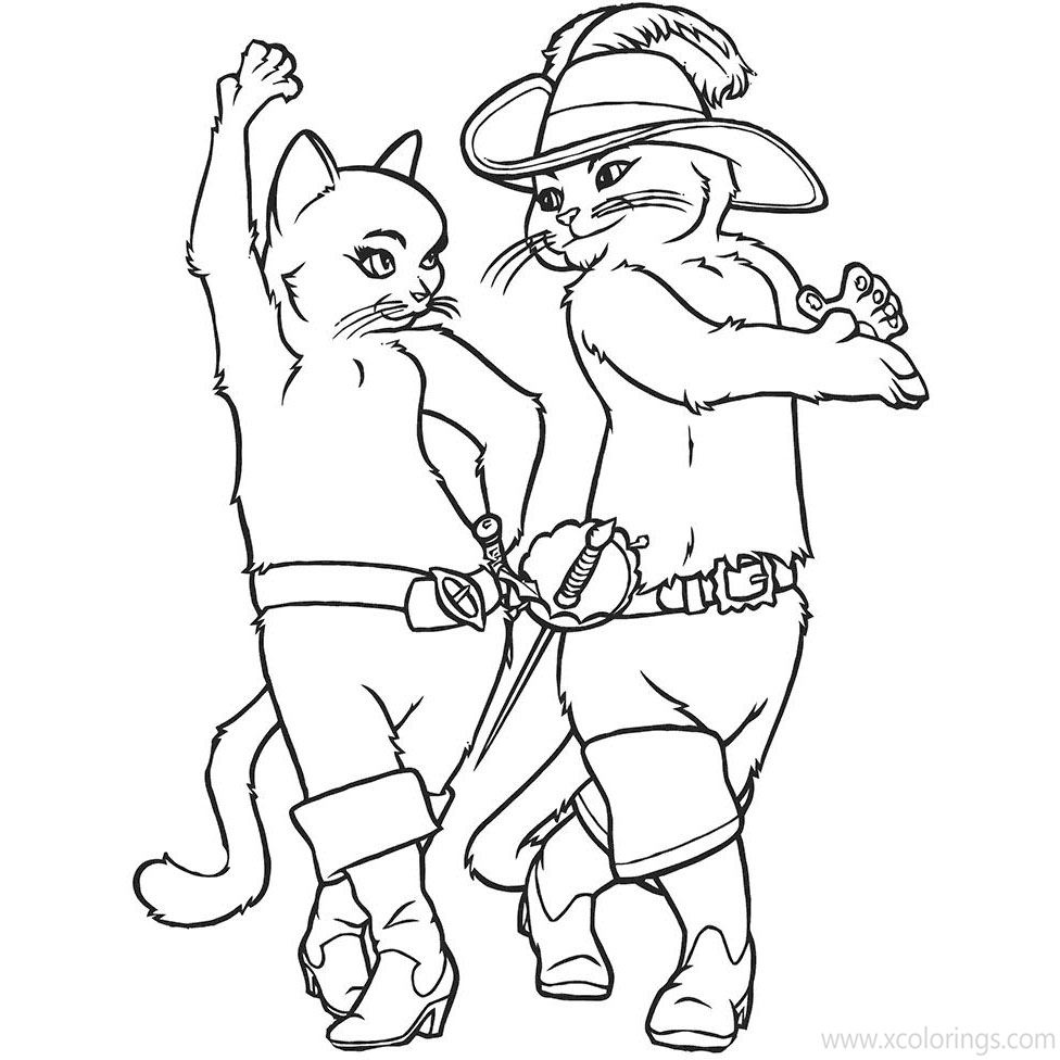 Free Puss in Boots Coloring Pages Cats are Dancing printable
