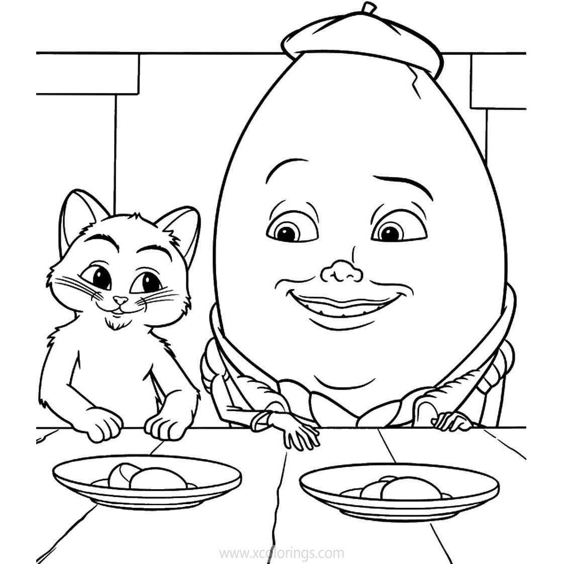 Free Puss in Boots Coloring Pages Having Food with Humpty Dumpty printable