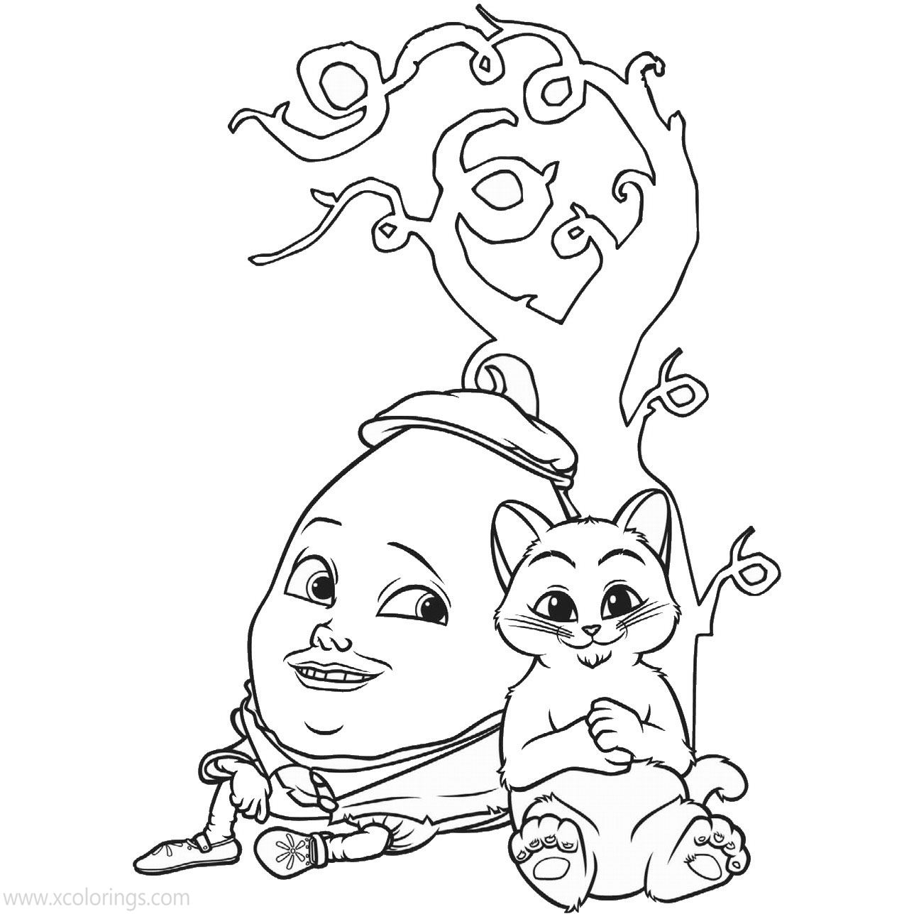 Free Puss in Boots Coloring Pages Kitty and Humpty Dumpty Under the Tree printable