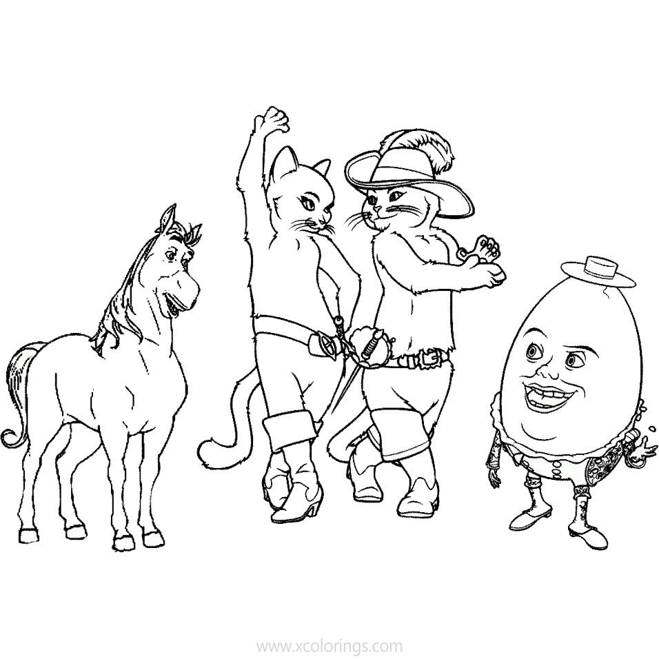Free Puss in Boots Coloring Pages with Humpty Dumpty and Kitty Softpaws printable