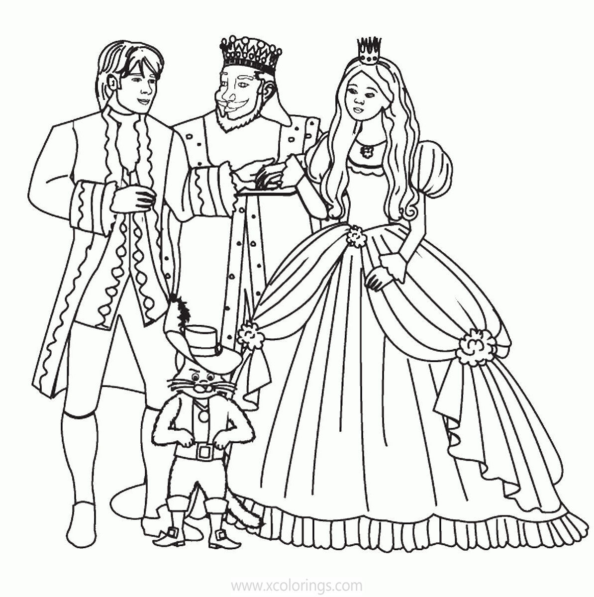 Free Puss in Boots Coloring Pages with King Prince and Princess printable