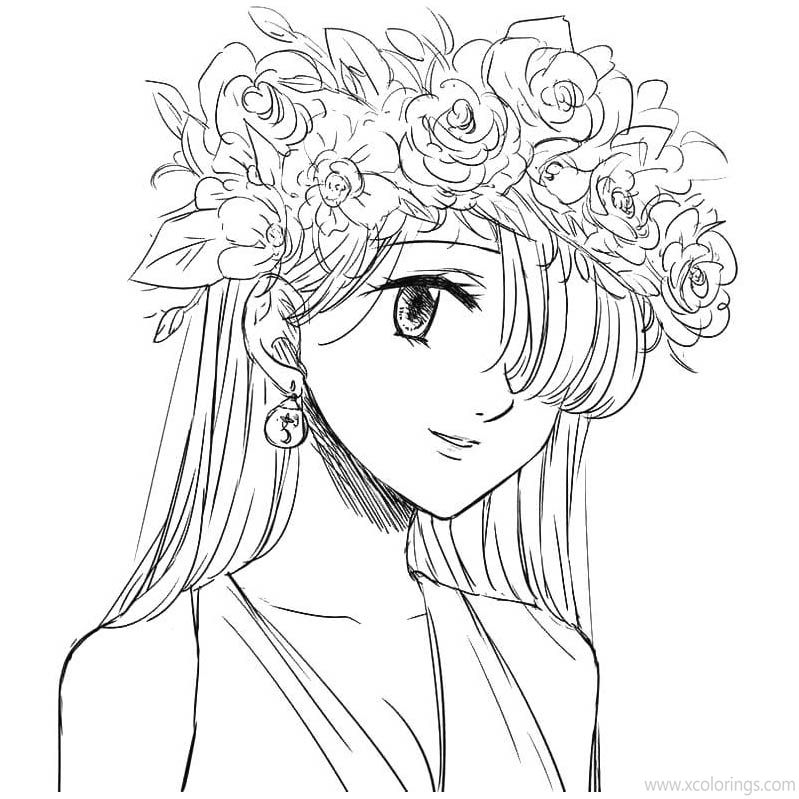 Free The Seven Deadly Sins Coloring Pages Elizabeth with a Flowers Wreath printable
