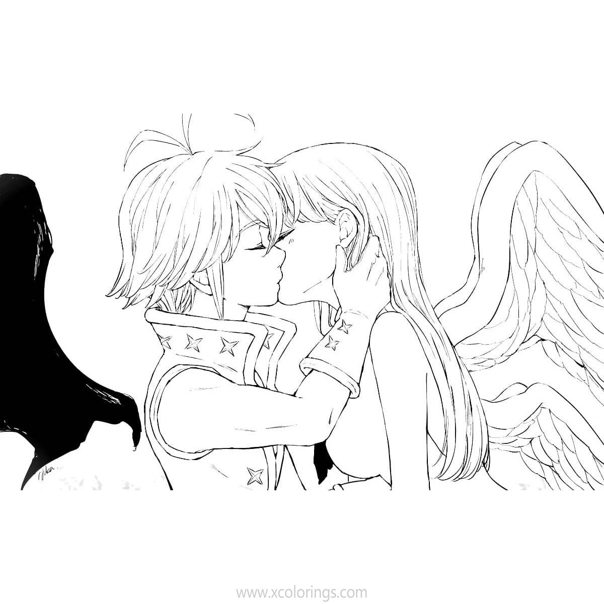 Free The Seven Deadly Sins Coloring Pages Meliodas Kissing Elizabeth printable
