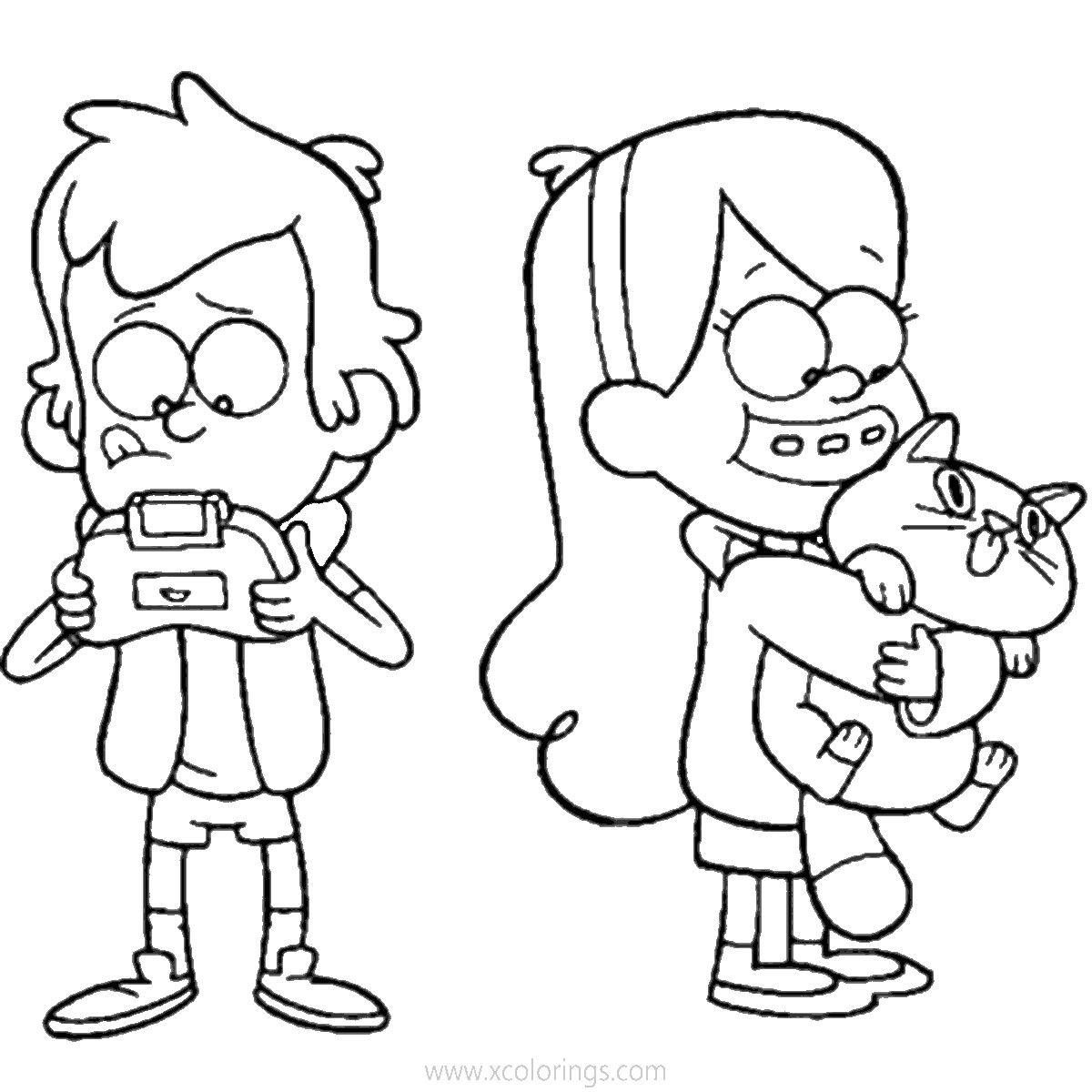 Free Gravity Falls Coloring Pages Dipper Playing Game and Mabel with a Cat printable