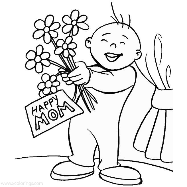 Free Happy Mother's Day Coloring Pages Boy with Flowers printable