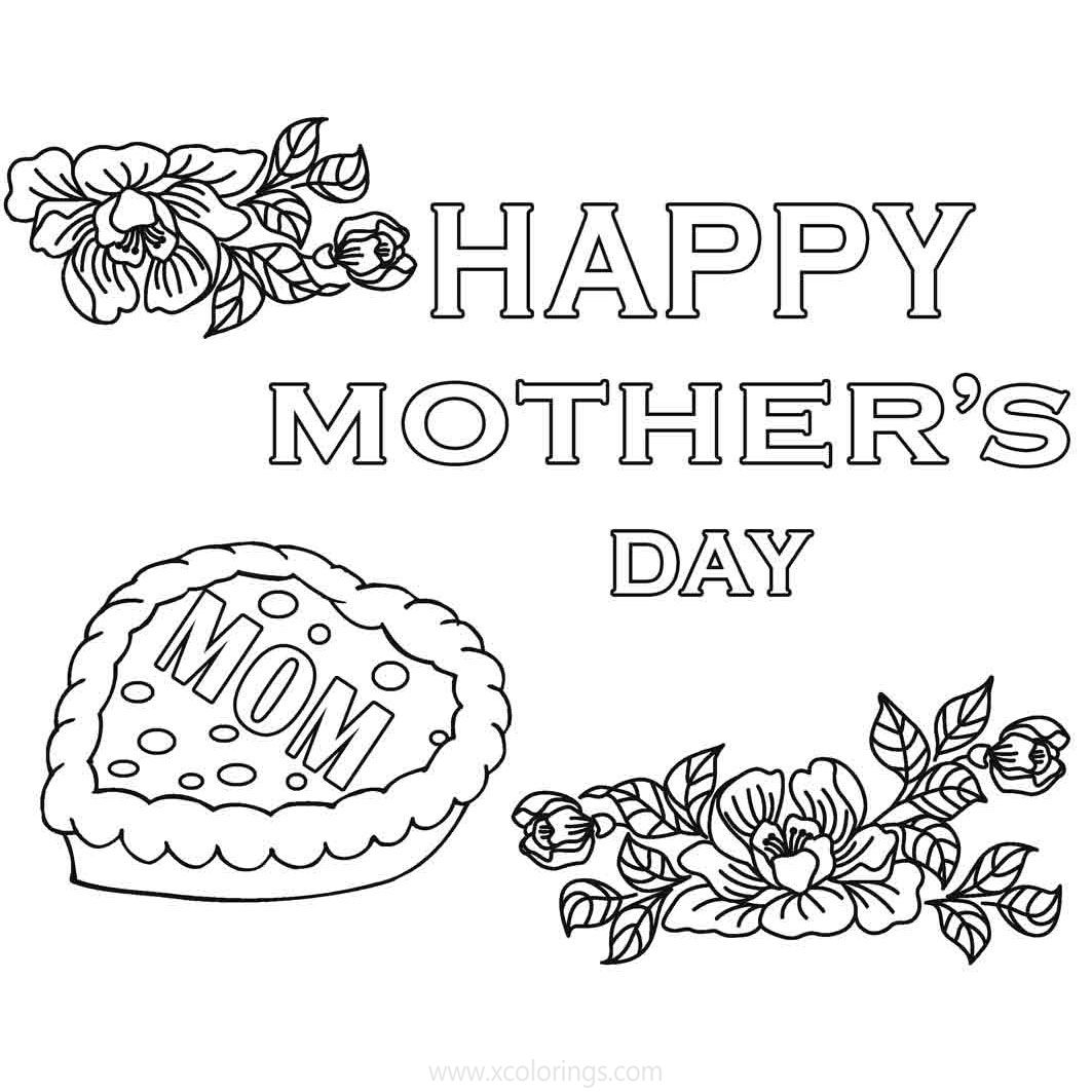 Free Happy Mother's Day Coloring Pages Cake and Flowers printable