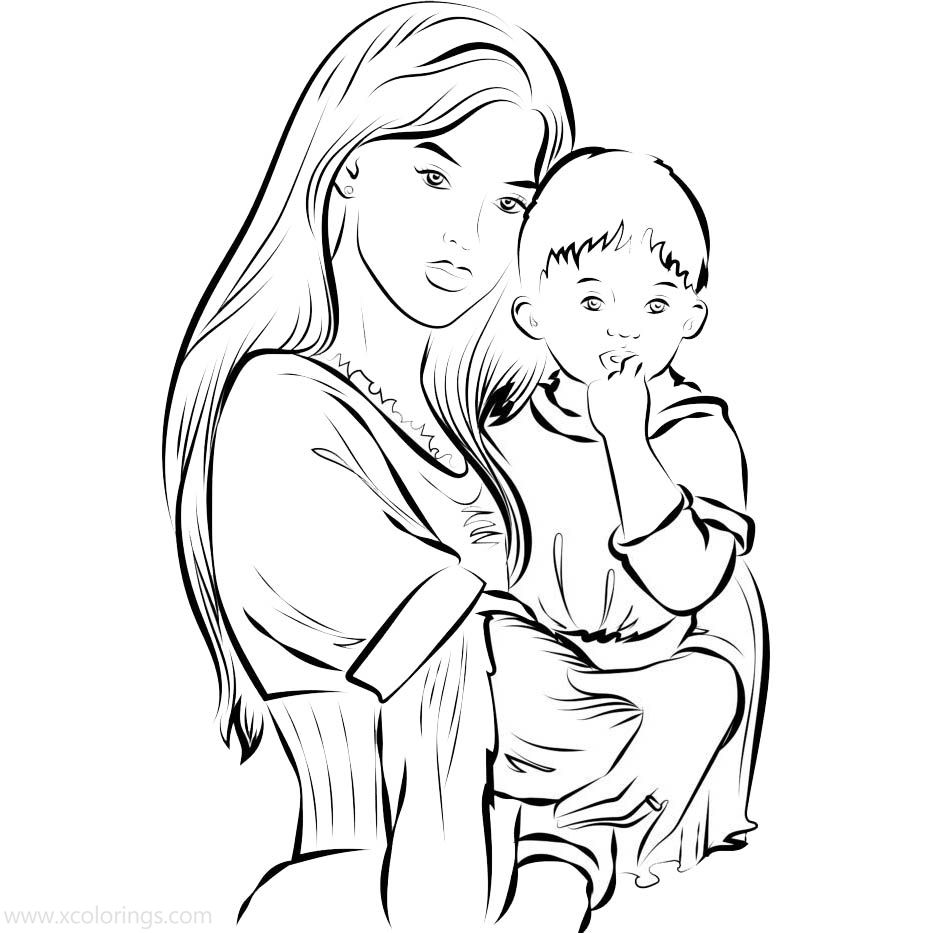 Free Mother's Day Coloring Pages Boy with Mom printable
