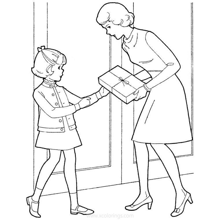 Free Mother's Day Coloring Pages Girl Giving a Present to Mom printable