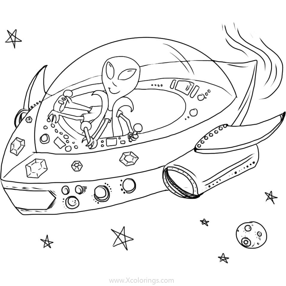 Free Alien is Driving a Spaceship Coloring Pages printable