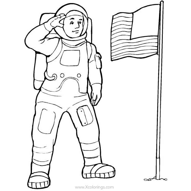 Free American Astronaut Saluting US Flag Coloring Pages printable