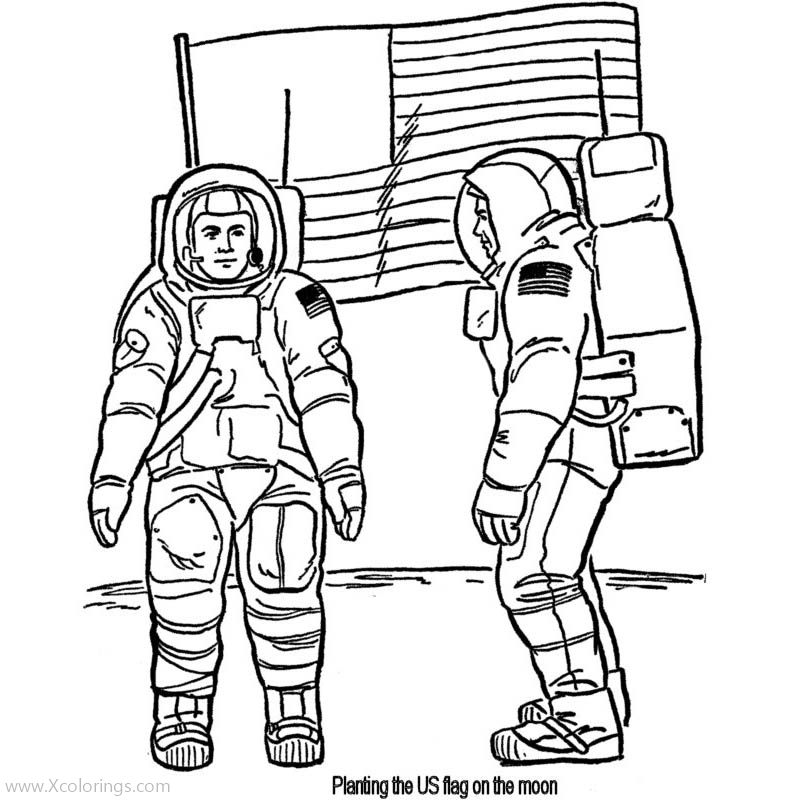 Free Astronaut Coloring Pages US Flag On The Moon printable