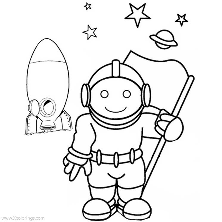 Free Astronaut Coloring Pages with Flag and Rocket printable