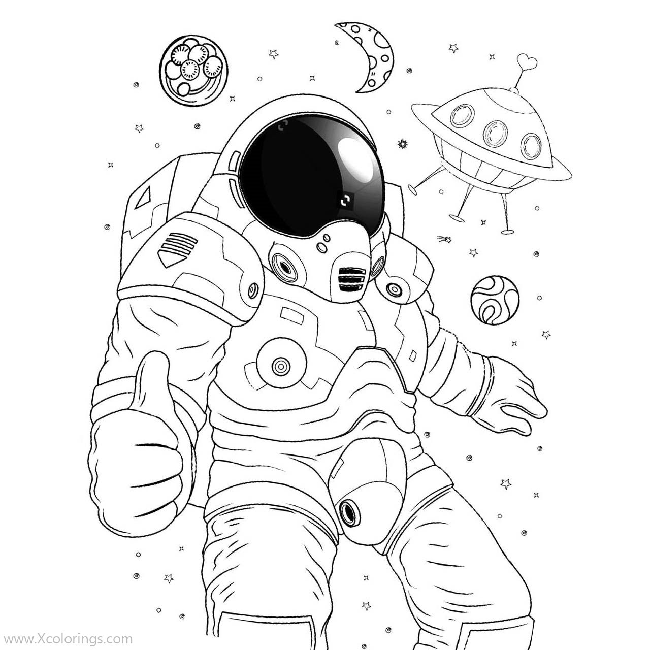 Free Astronaut Coloring Pages with Moon and UFO printable