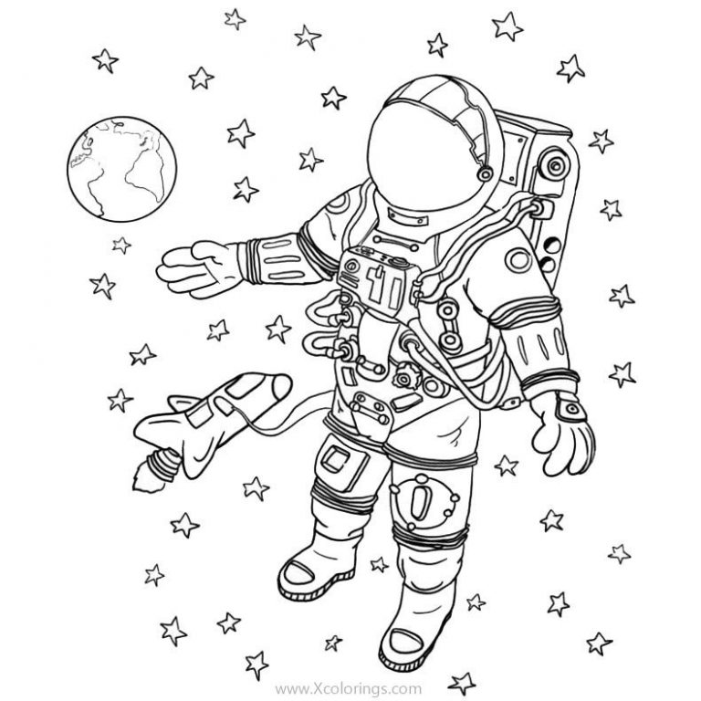 Cartoon Astronaut with Planets Coloring Pages - XColorings.com