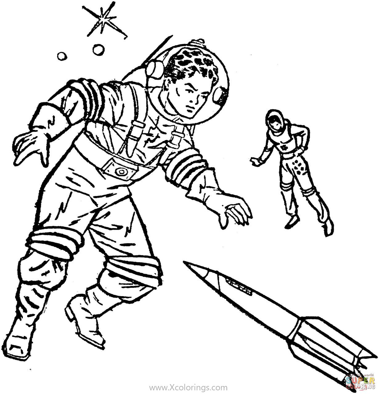 Free Astronauts with Rocket and Stars Coloring Pages printable