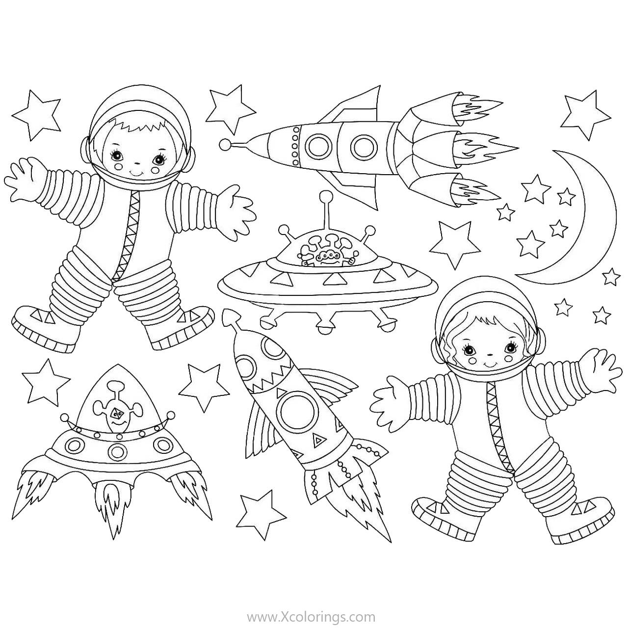 Free Baby Astronauts Coloring Pages with Rockets and UFO printable
