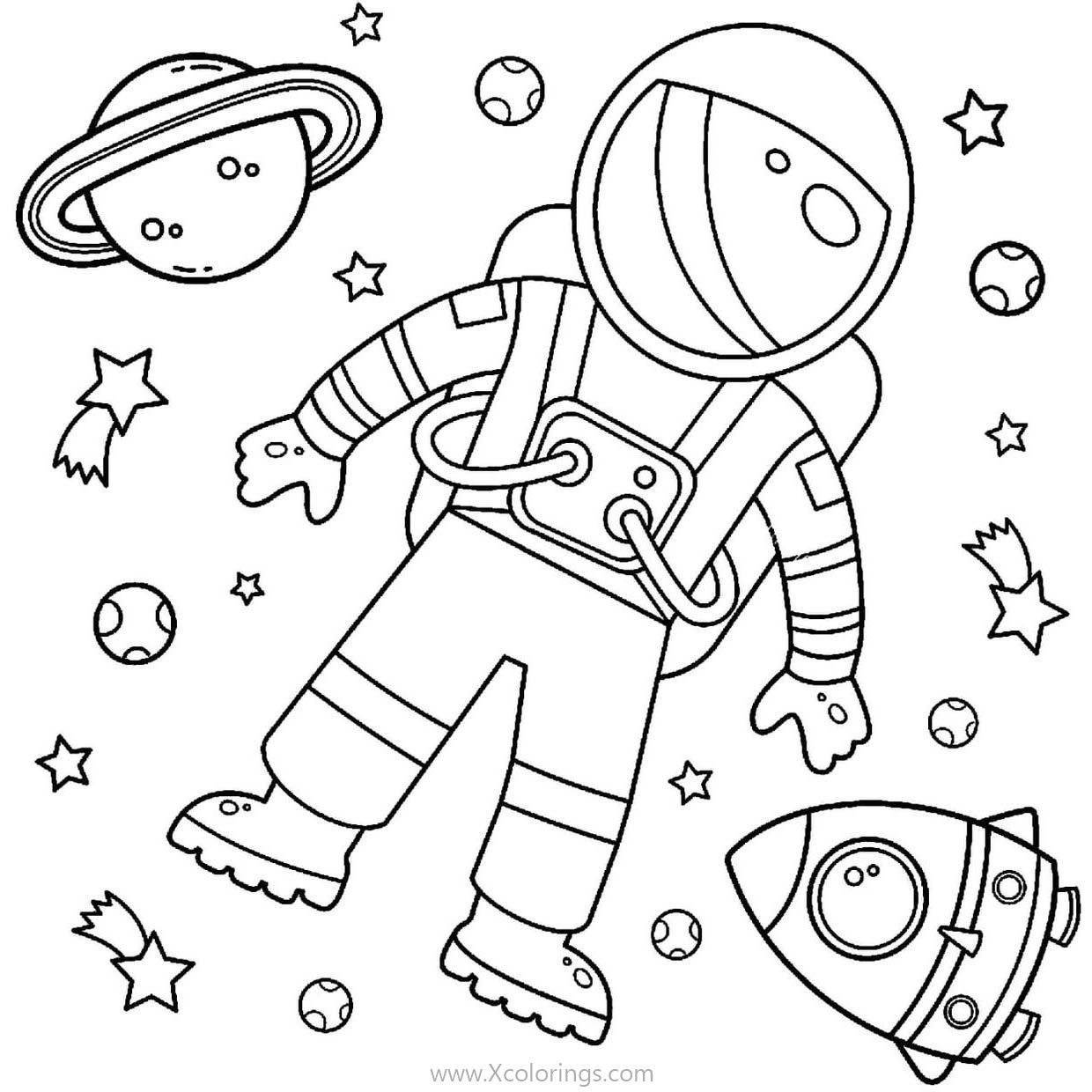 Free Cartoon Astronaut with Planets Coloring Pages printable