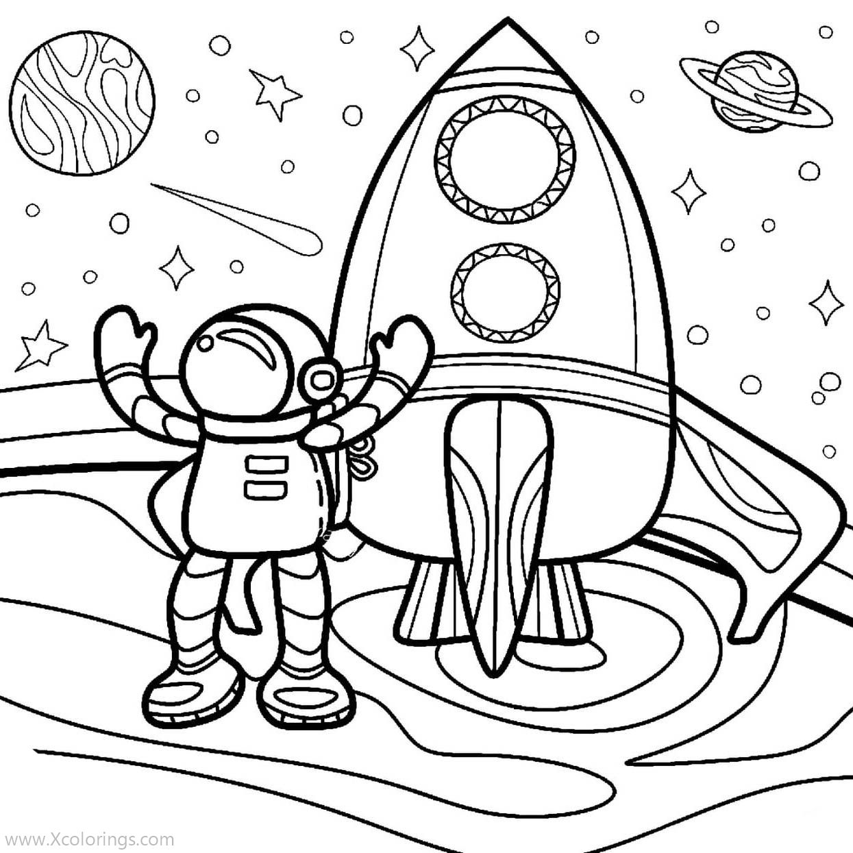 Free Cartoon Astronaut with Rocket Coloring Pages printable