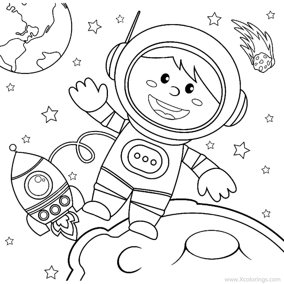 Free Cute Astronaut Boy in Space Coloring Pages printable