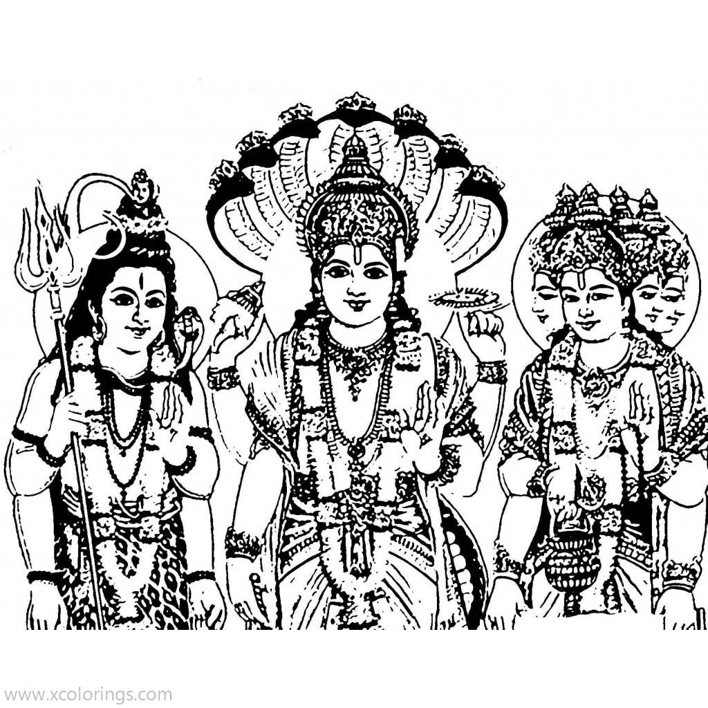 Free Lord Shiva Coloring Pages with Brahma and Vishnu printable