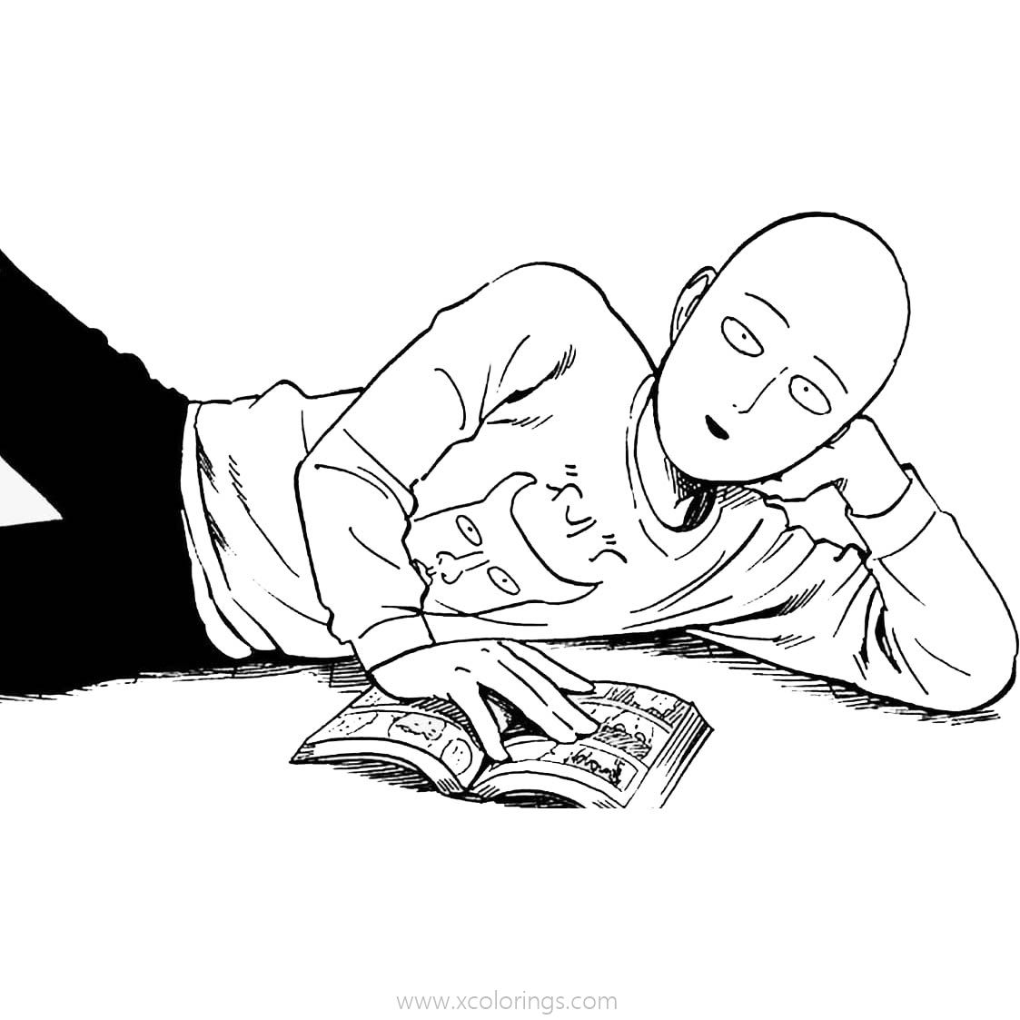 Free One Punch Man Coloring Pages Saitama is Reading printable